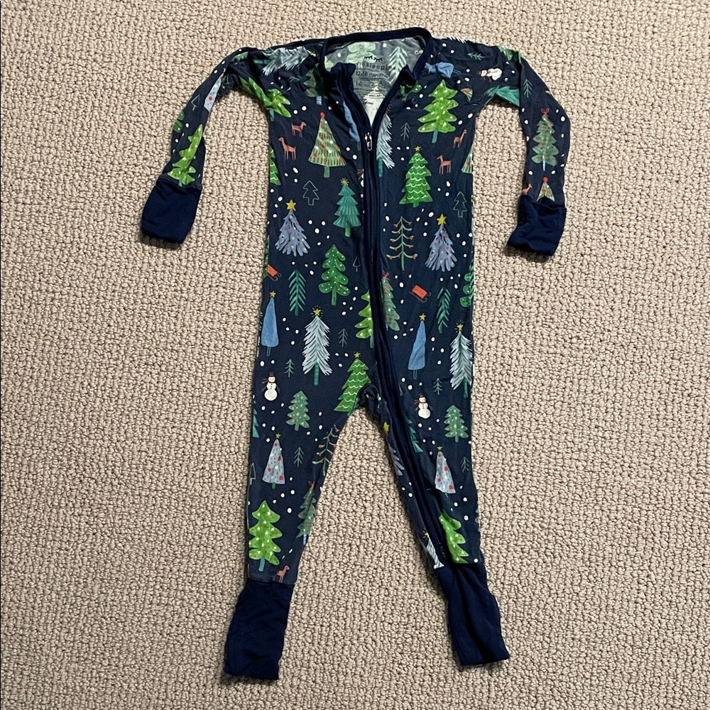 Little Sleepies Navy Christmas Forest Print Footie
